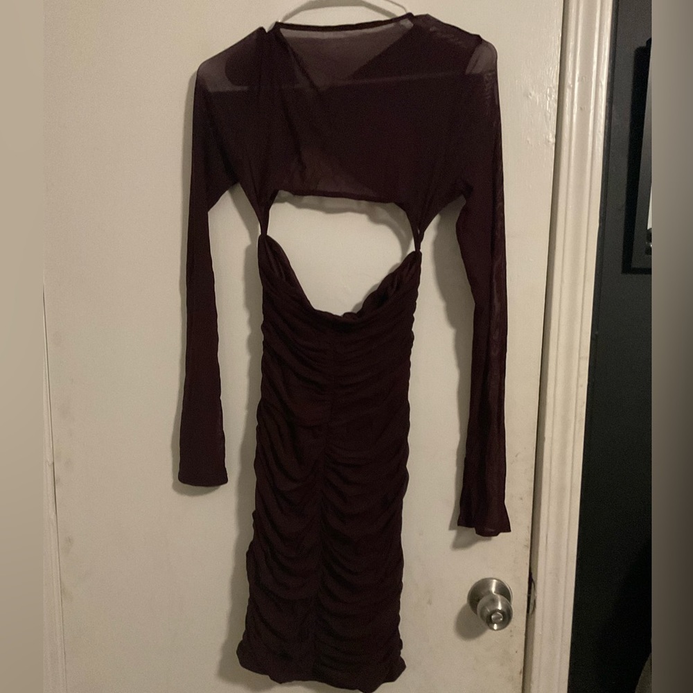 HTZMO Women's Long Sleeve Cut Out Mini Sheer Mesh Ruched Bodycon Party Dresses